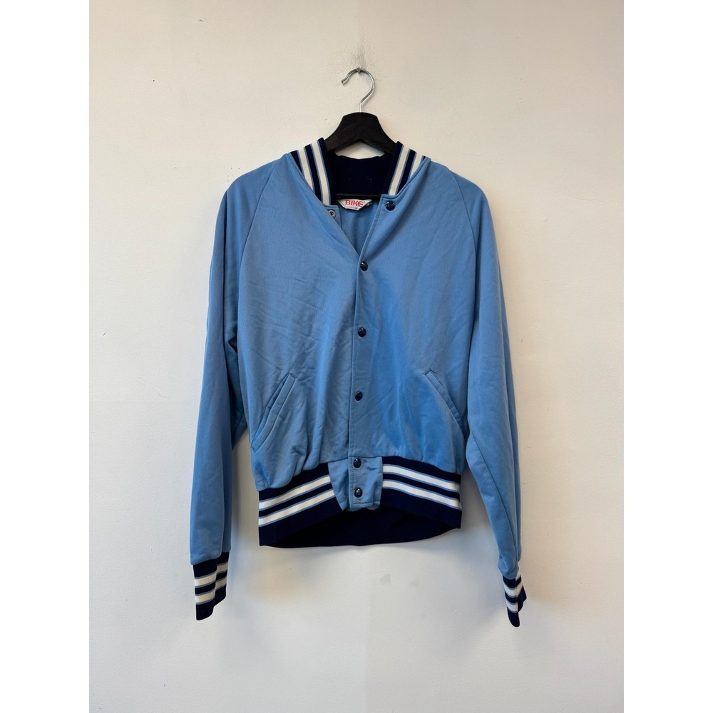 Vintage Bike Varsity Track Jacket Mens Large Blue Snap Front Striped Trim 80s‎